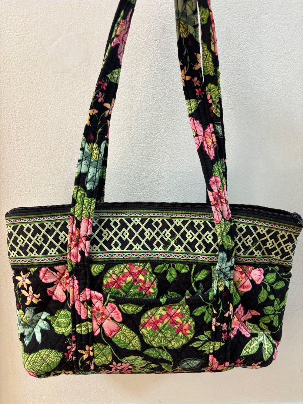 Vera Bradley Black Quilted Floral Tote with Pink and Green Accents
